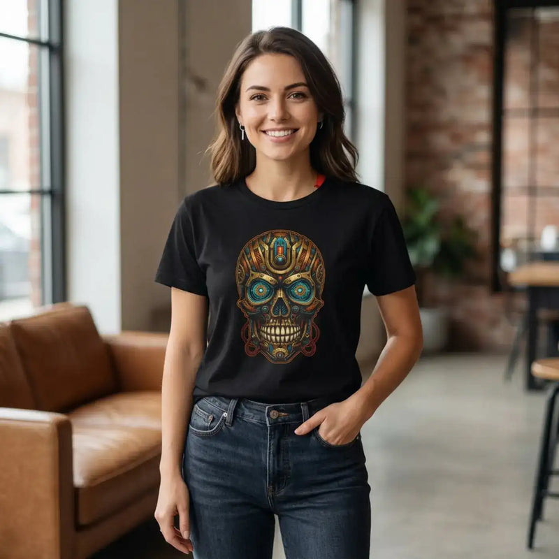 Steampunk Cyber Skull T-Shirt — Futuristic Mechanical Skull Graphic Tee