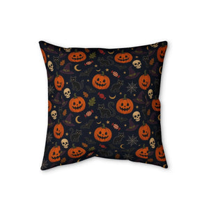 Halloween Pumpkin & Skull Faux Linen Pillow — Spooky Jack-o'-Lantern Decorative Cushion