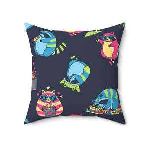 A square throw pillow featuring a dark navy blue background with a colorful cartoon pattern of sleeping raccoons wearing sunglasses and holding umbrellas, shown on a clean white background.