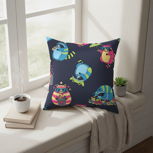 Cute Neon Raccoon Pattern Square Pillow — Colorful Cartoon Accent Cushion