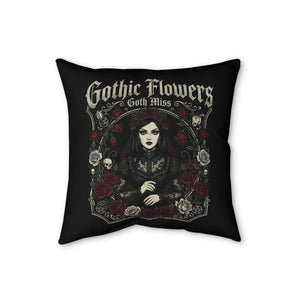 Veiled gothic figure surrounded by dark roses on a DipaliZ throw pillow