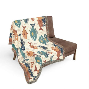 Fish Pattern Woven Blanket – Nautical Coastal Throw with Colorful School of Fish Design