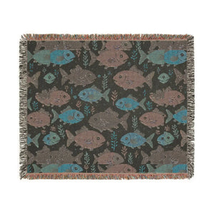 Fish Pattern Woven Blanket – Nautical Coastal Throw with Colorful School of Fish Design