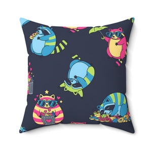 Cute Neon Raccoon Pattern Square Pillow — Colorful Cartoon Accent Cushion