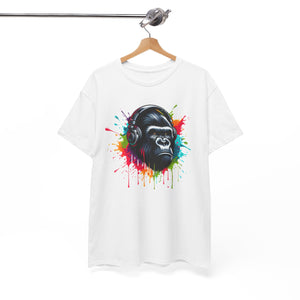 A Gorilla with a headphones with splashes of color, Unisex Heavy Cotton Tee