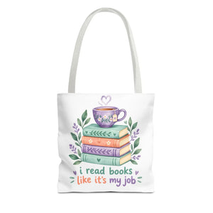 Book Lover Tote Bag — “I Read Books Like It’s My Job” Illustrated Stack & Tea