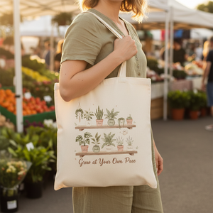 Plant Shelf Canvas Tote — "Grow at Your Own Pace" Reusable Market Bag