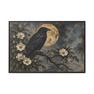 Framed canvas wall art – gothic raven and moon floral painting - printable