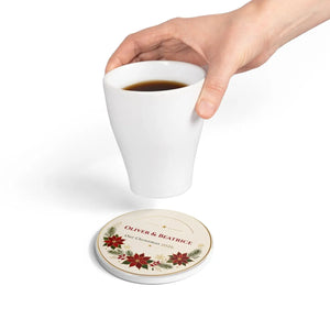 Personalized Poinsettia Christmas Coaster — 'Oliver & Beatrice Our Christmas 2026' Ceramic Holiday Drink Coaster