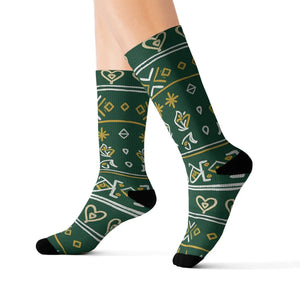 Green Nordic Heart Pattern Sublimation Socks — Festive Holiday Crew Socks