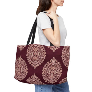 Burgundy Damask Weekender Tote Bag – Elegant Travel & Beach Bag
