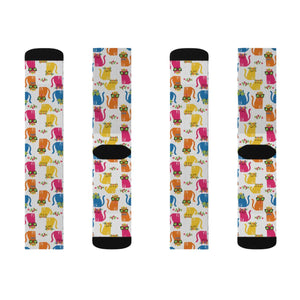 Colorful Cat Pattern Sublimation Socks — Cute Novelty Crew Socks for Cat Lovers