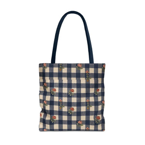 Gingham Rose Tote Bag — Vintage Navy Check Floral All-Over Print Tote