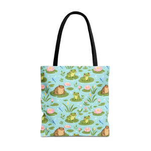 Frog Pond Pattern Tote Bag — Cute Lily Pad Frog All-Over Print Tote