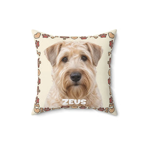 Personalized Dog Photo Pillow — Custom Pet Name "ZEUS" Square Throw Pillow, Cute Heart & Paw Border