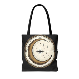 Celestial Crescent Moon Tote Bag – Vintage Starry Night AOP Canvas