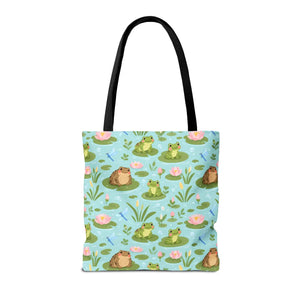 Frog Pond Pattern Tote Bag — Cute Lily Pad Frog All-Over Print Tote