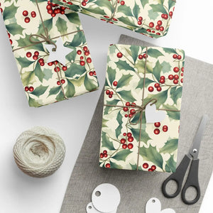 Holiday Holly Wrapping Paper Roll — Vintage Green & Red Mistletoe Pattern