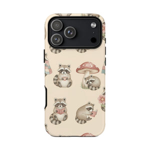 Cute Raccoon Pattern Phone Case – Beige Mushroom & Floral Tough Cases