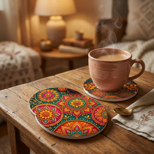 Diwali festival ceramic coaster – colorful rangoli and diya design - coasters