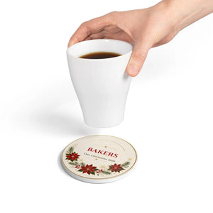 Personalized Poinsettia Ceramic Coaster — "BAKERS" Our Christmas 2026 Holiday Drink Mat