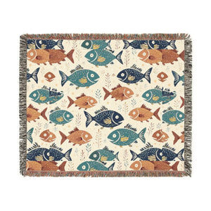 Fish Pattern Woven Blanket – Nautical Coastal Throw with Colorful School of Fish Design