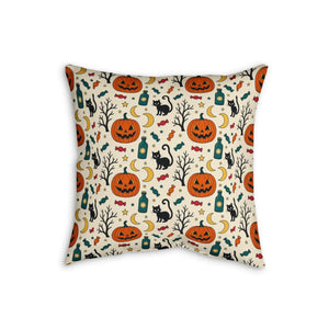 Soft amber lantern glow warming the linen on a DipaliZ Halloween cushion