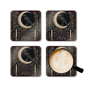 Moon Raven Cork Coaster Set — Gothic Floral Drink Coasters