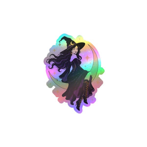 Mystical witch on crescent moon kiss-cut vinyl decal - home decor decals