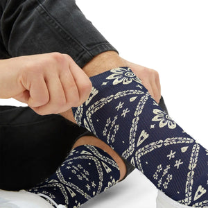 Navy Ikat Floral Sublimation Socks — Patterned Crew Socks
