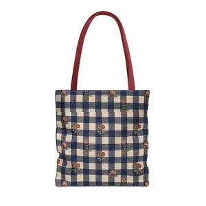 Gingham Rose Tote Bag — Vintage Navy Check Floral All-Over Print Tote