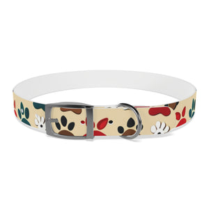 Paw Print Dog Collar — Colorful Red, Teal & Brown Paw Pattern