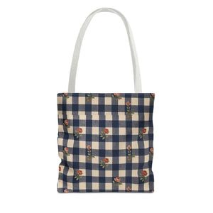 Gingham Rose Tote Bag — Vintage Navy Check Floral All-Over Print Tote