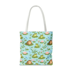 Frog Pond Pattern Tote Bag — Cute Lily Pad Frog All-Over Print Tote