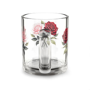 Deep crimson and dusty pink blooms on a DipaliZ printed glass mug