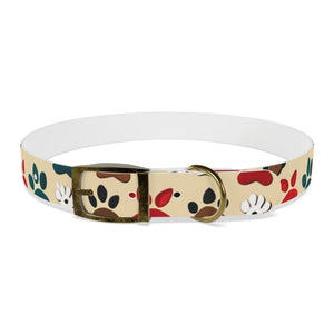Paw Print Dog Collar — Colorful Red, Teal & Brown Paw Pattern