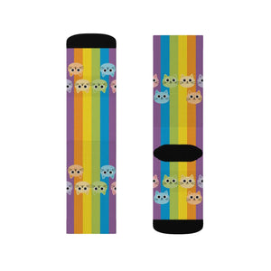 Rainbow Cat Socks - Colorful Sublimation Crew Socks with Cute Cat Faces
