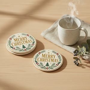 Merry Christmas Ceramic Coaster — Festive Holiday Drink Coaster with Pine & Holly Design