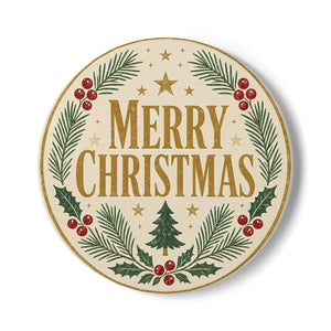 Merry Christmas Ceramic Coaster — Festive Holiday Drink Coaster with Pine & Holly Design