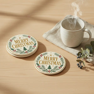 DipaliZ Merry Christmas pine and holly ceramic coaster