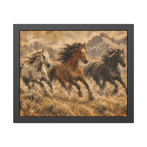 Framed paper poster – wild horses running through mountain landscape - posters