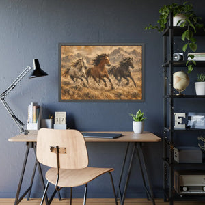 Framed paper poster – wild horses running through mountain landscape - posters