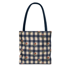Gingham Rose Tote Bag — Vintage Navy Check Floral All-Over Print Tote