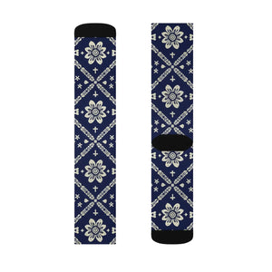 Navy Ikat Floral Sublimation Socks — Patterned Crew Socks