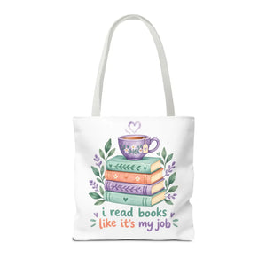 Book Lover Tote Bag — “I Read Books Like It’s My Job” Illustrated Stack & Tea