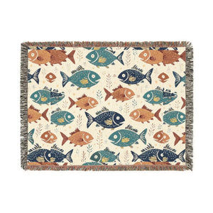 Fish Pattern Woven Blanket – Nautical Coastal Throw with Colorful School of Fish Design