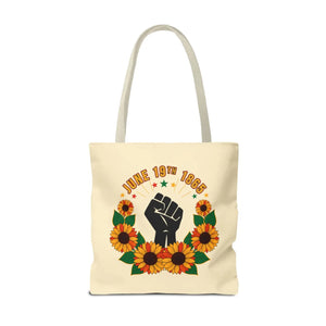 Juneteenth celebration tote bag – ’june 19th 1865’ sunflower & black power fist aop - bags