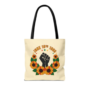 Juneteenth celebration tote bag – ’june 19th 1865’ sunflower & black power fist aop - bags