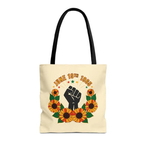 Juneteenth celebration tote bag – ’june 19th 1865’ sunflower & black power fist aop - bags