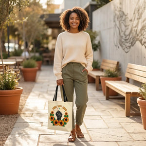 Juneteenth celebration tote bag – ’june 19th 1865’ sunflower & black power fist aop - bags